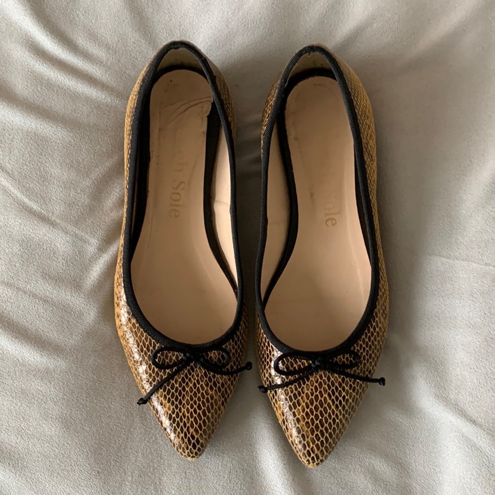 French Sole Penelope leather pointed toe ballet pump brown faux snakeskin size 7